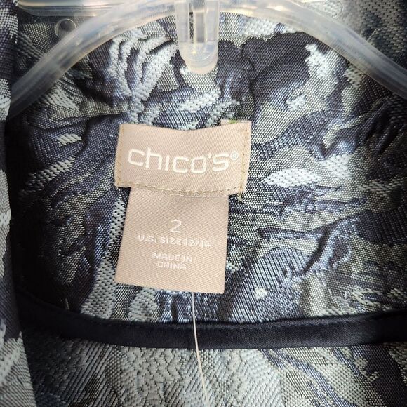 Chico's Womens Long Jacket 2/M Blue Tonal Floral Jacquard Open Front Blazer NWT - Picture 6 of 12